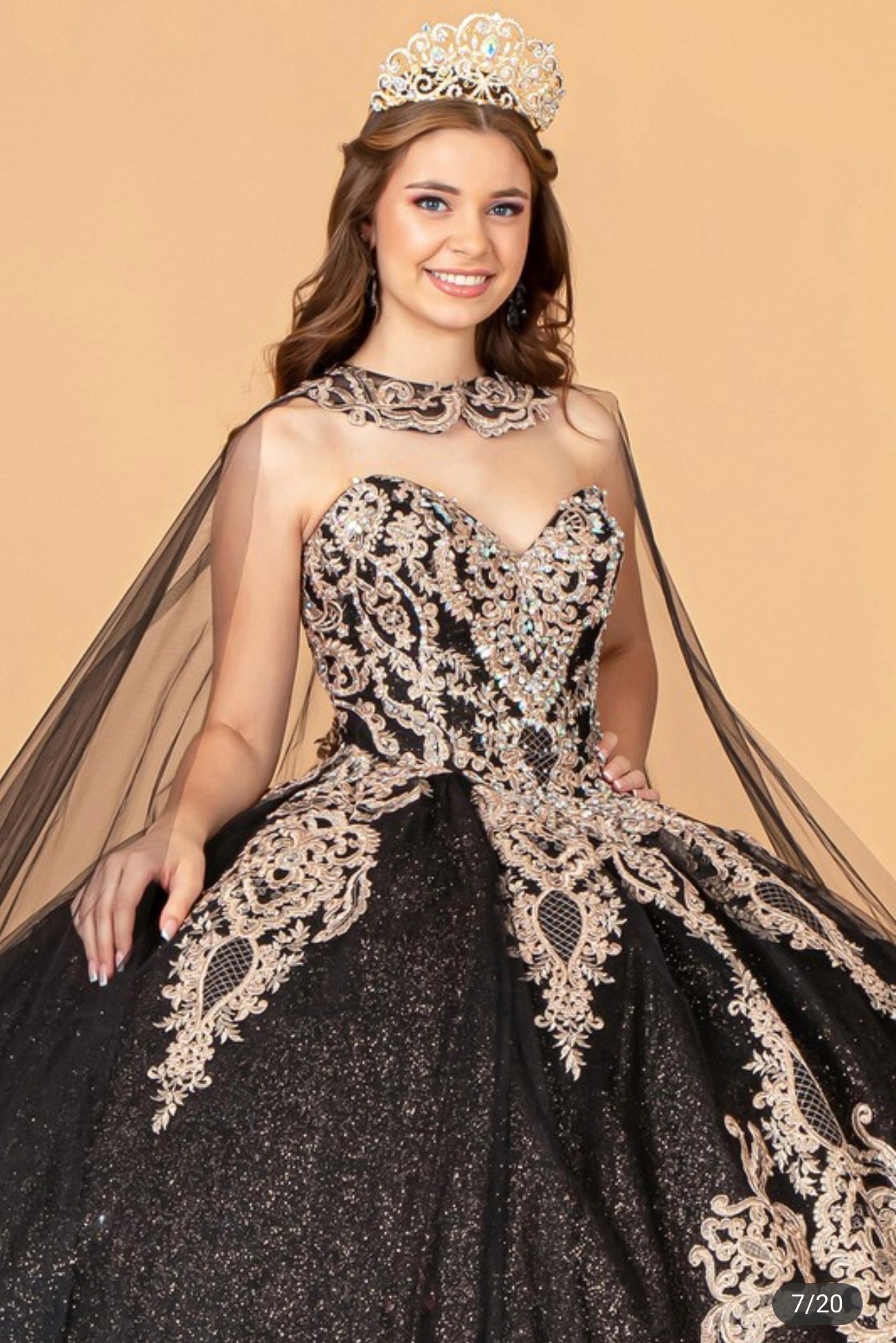 Glitter Jewel Embellished Gown with Long Mesh
Cape