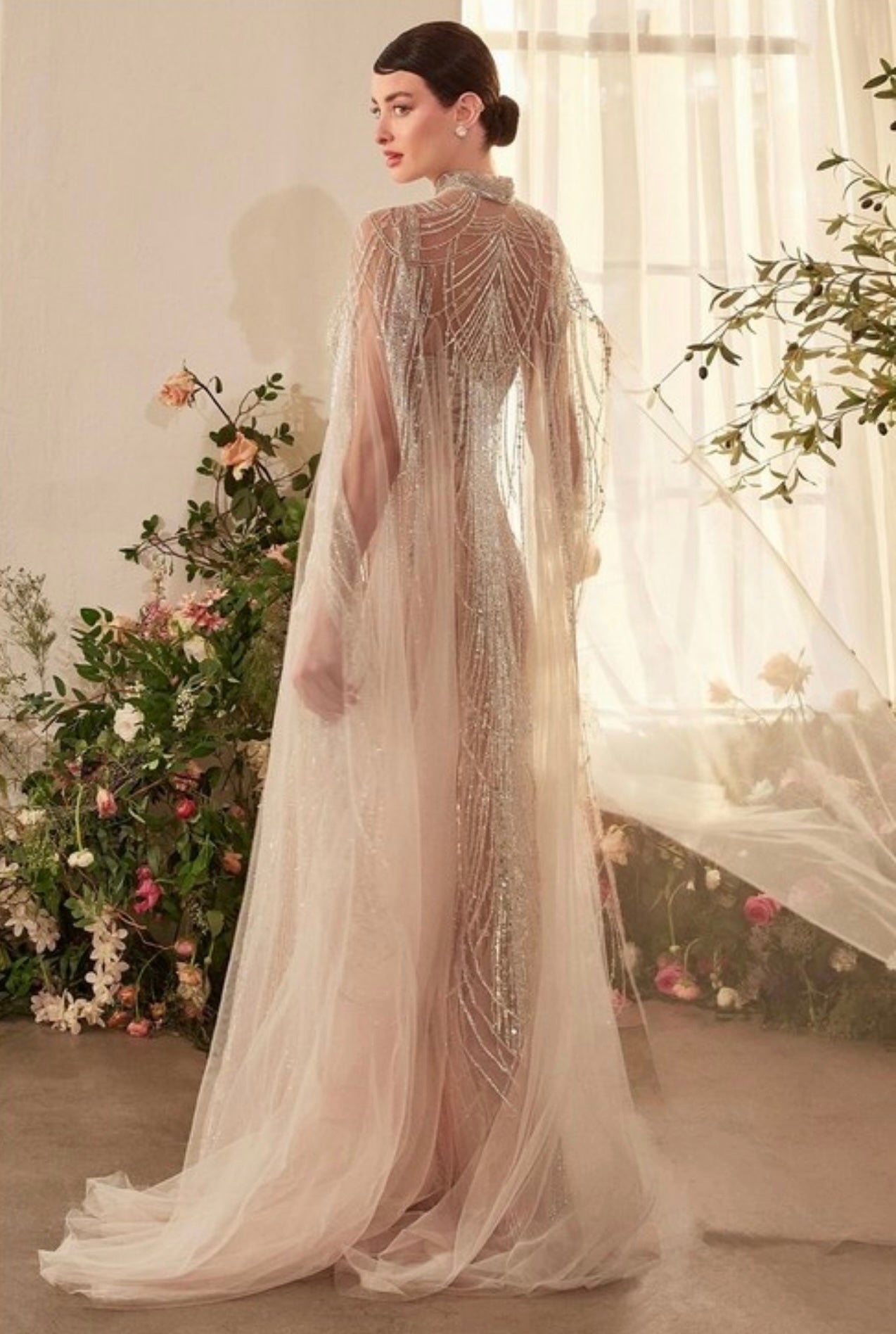 Beaded High Neck Cape Evening Gown