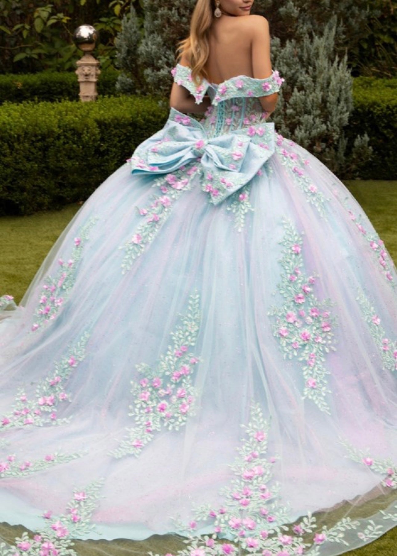 3D flower appliqués off the shoulder corset gown