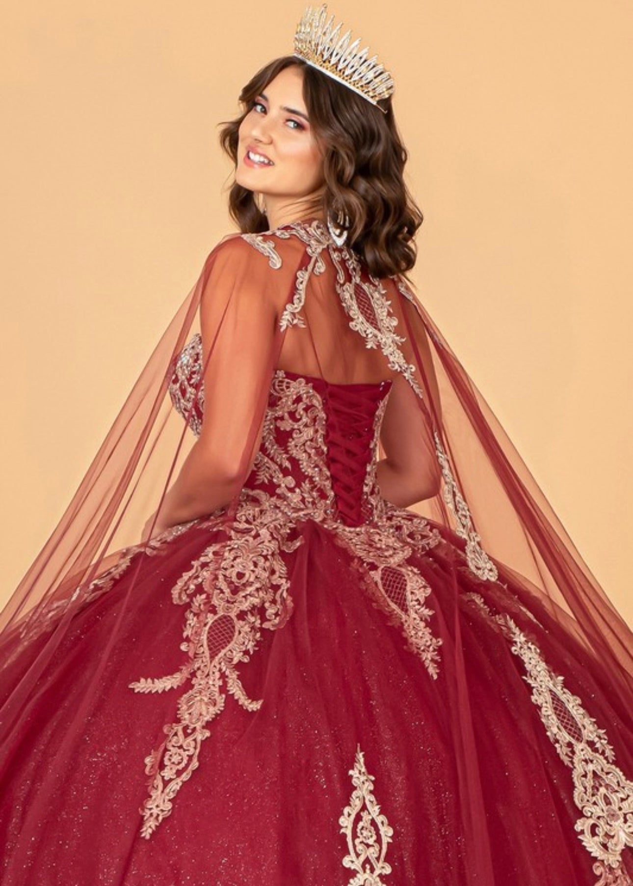 Glitter Jewel Embellished Gown with Long Mesh
Cape