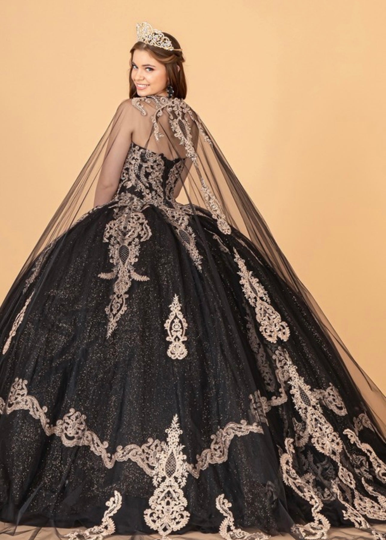 Glitter Jewel Embellished Gown with Long Mesh
Cape