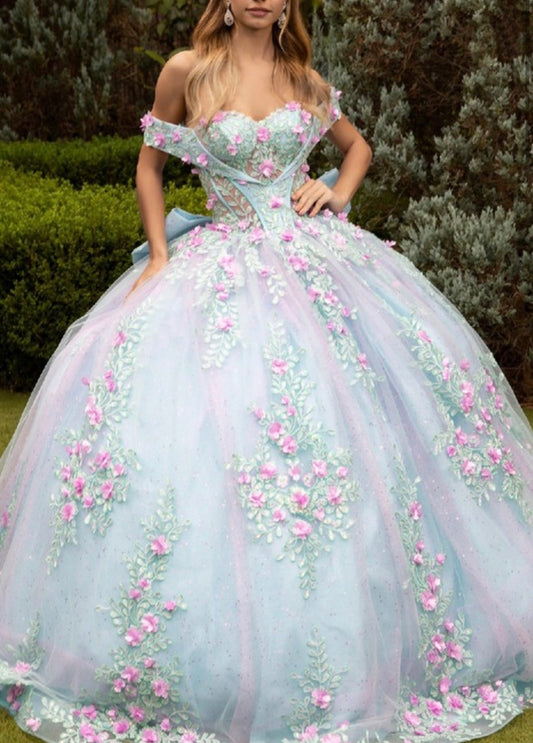 3D flower appliqués off the shoulder corset gown