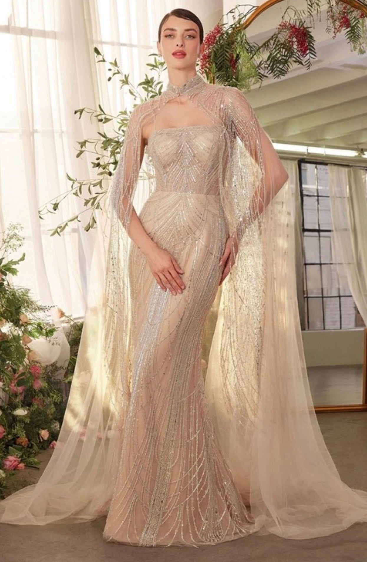 Beaded High Neck Cape Evening Gown