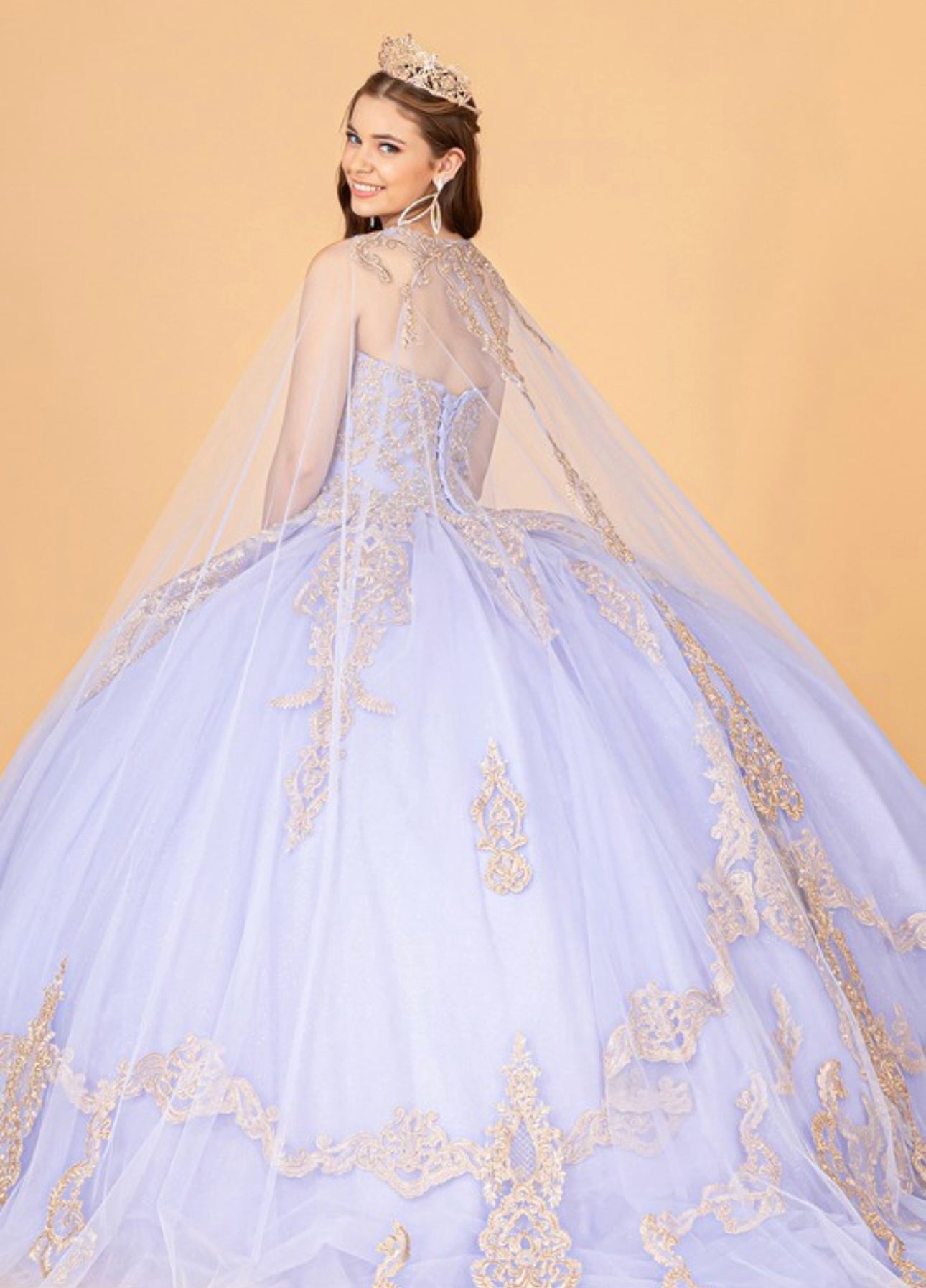 Glitter Jewel Embellished Gown with Long Mesh
Cape