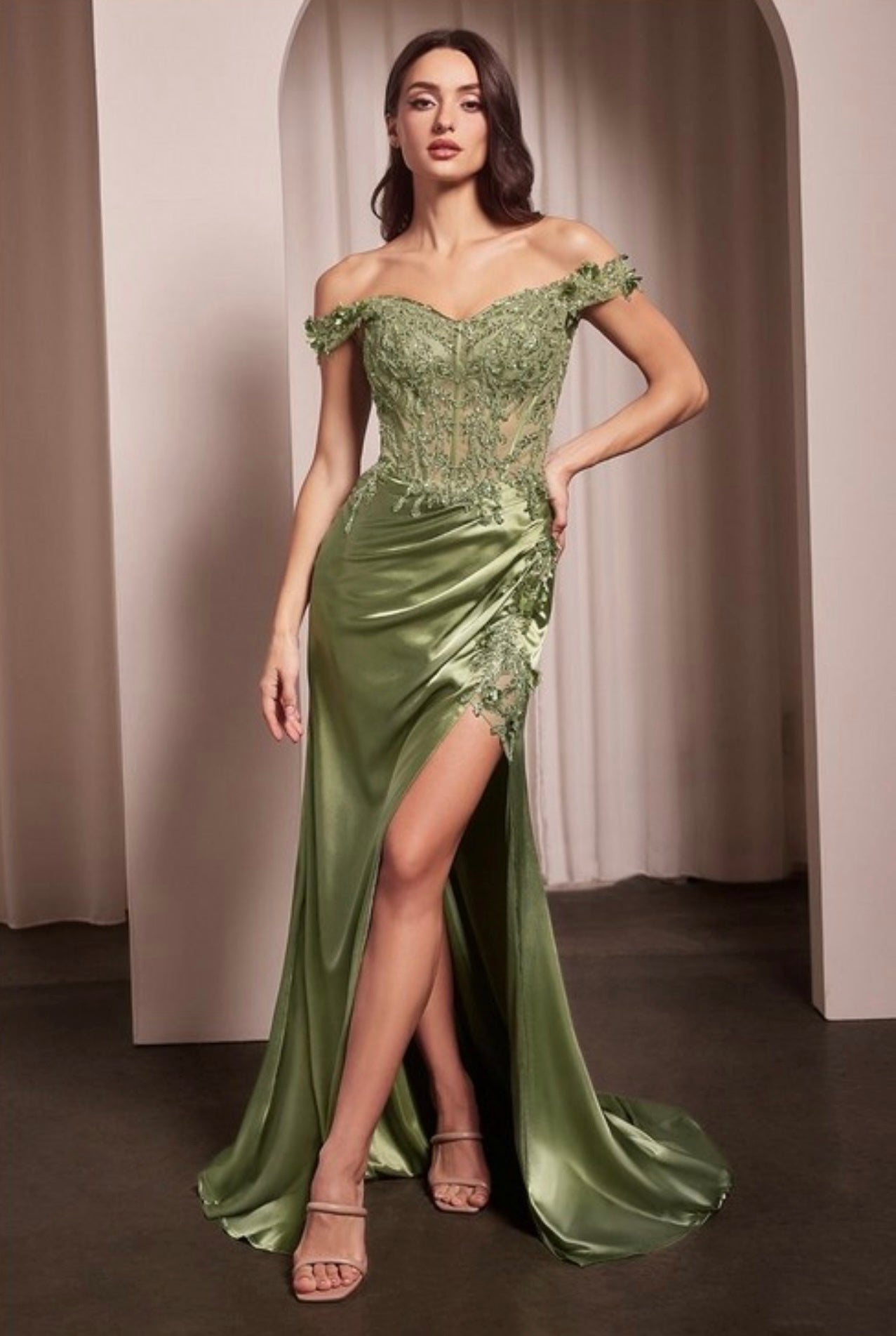 Off the shoulder embellished ribbed satin gown