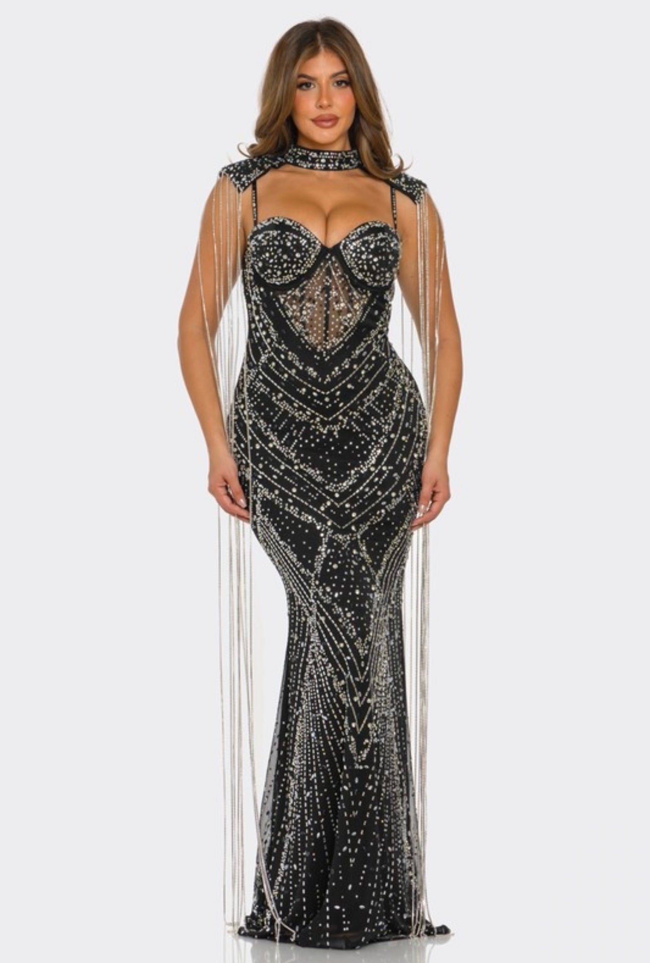 Rhinestone Embellished Mermaid Maxi Dress