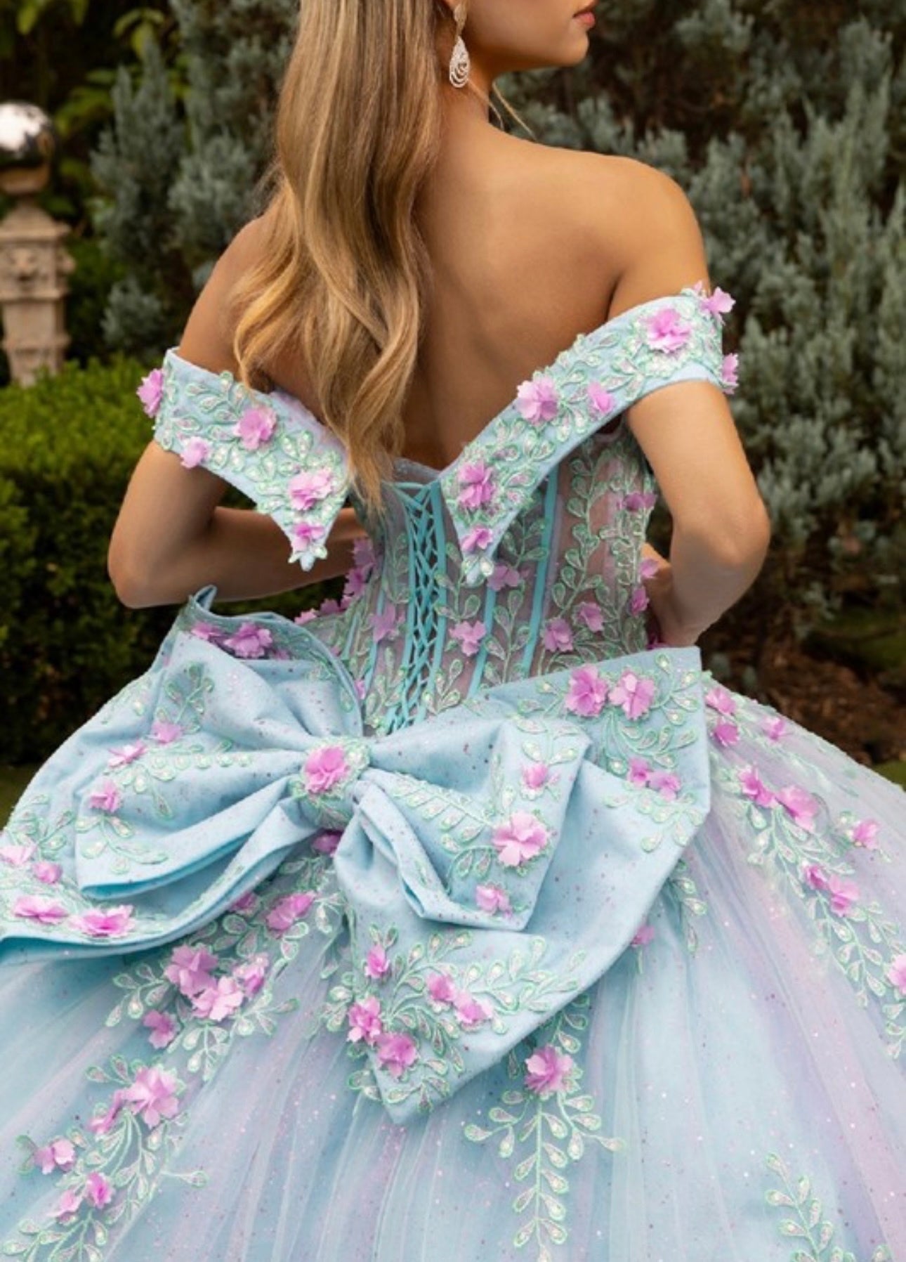 3D flower appliqués off the shoulder corset gown