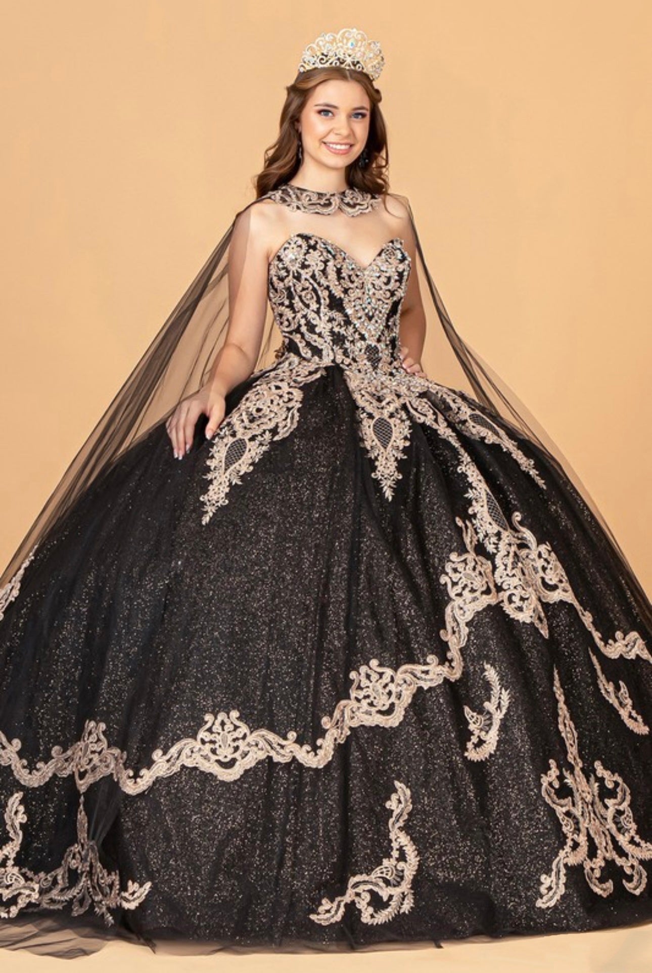 Glitter Jewel Embellished Gown with Long Mesh
Cape