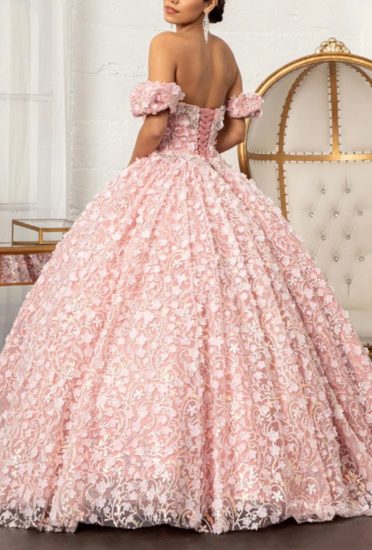 Off-the-Shoulder 3D Floral Lace Ball Gown