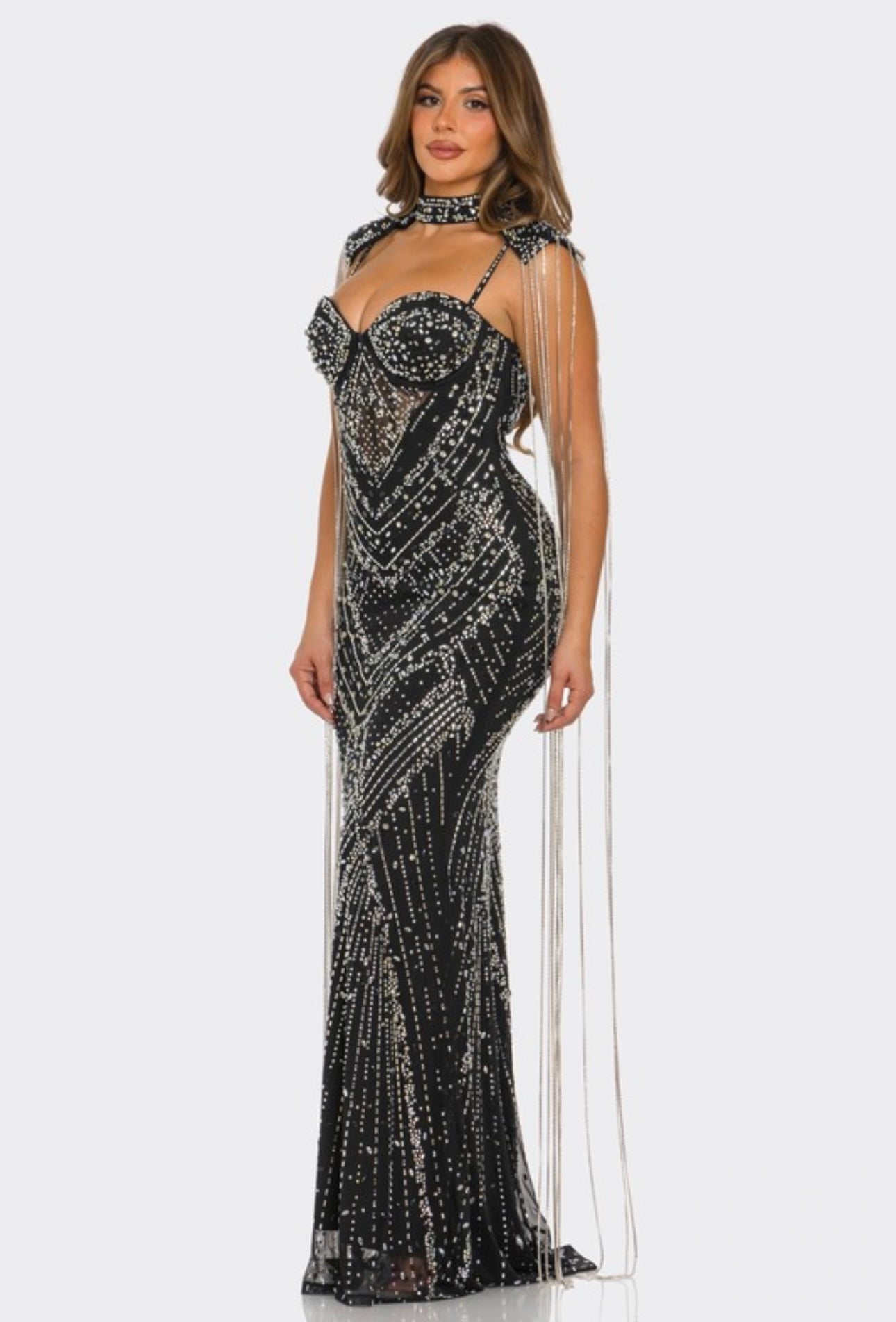 Rhinestone Embellished Mermaid Maxi Dress