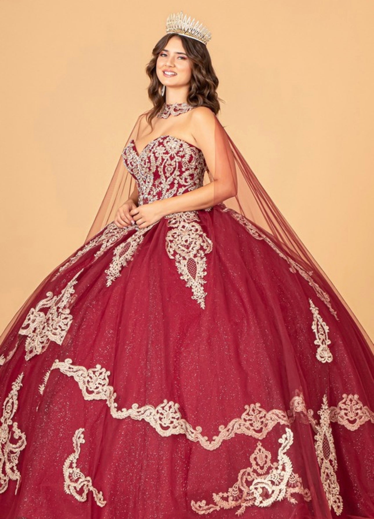 Glitter Jewel Embellished Gown with Long Mesh
Cape