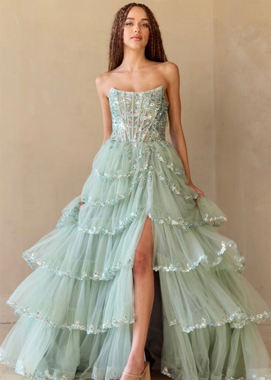 Sleeveless Strapless Bustier Corset A-Line Gown