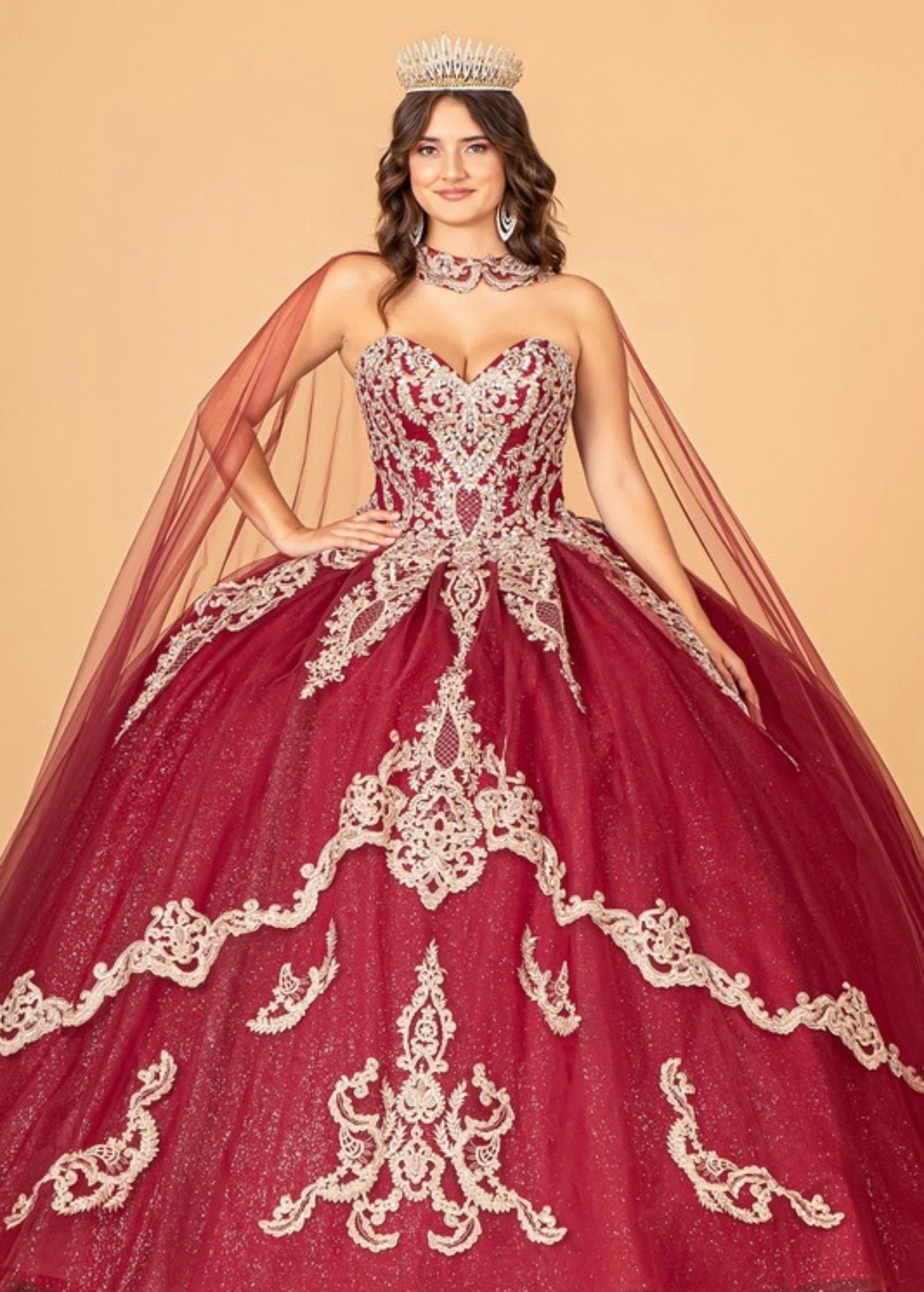 Glitter Jewel Embellished Gown with Long Mesh
Cape