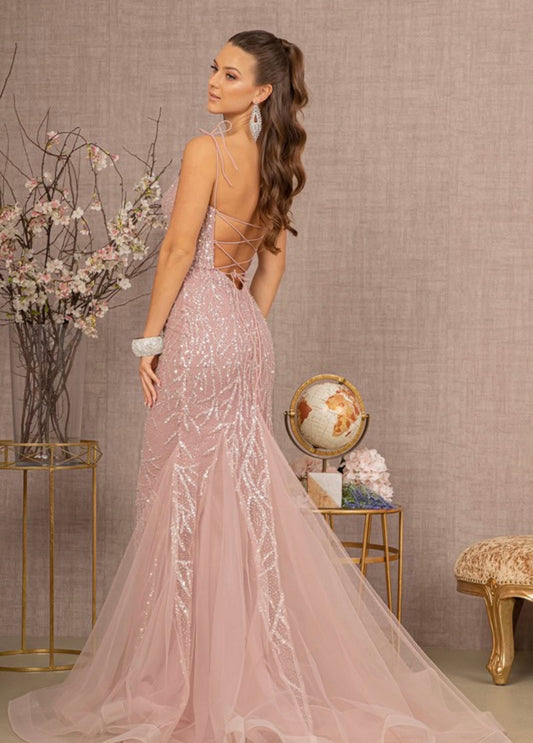 Sequin Lace-up Back Tulle Trumpet Dress